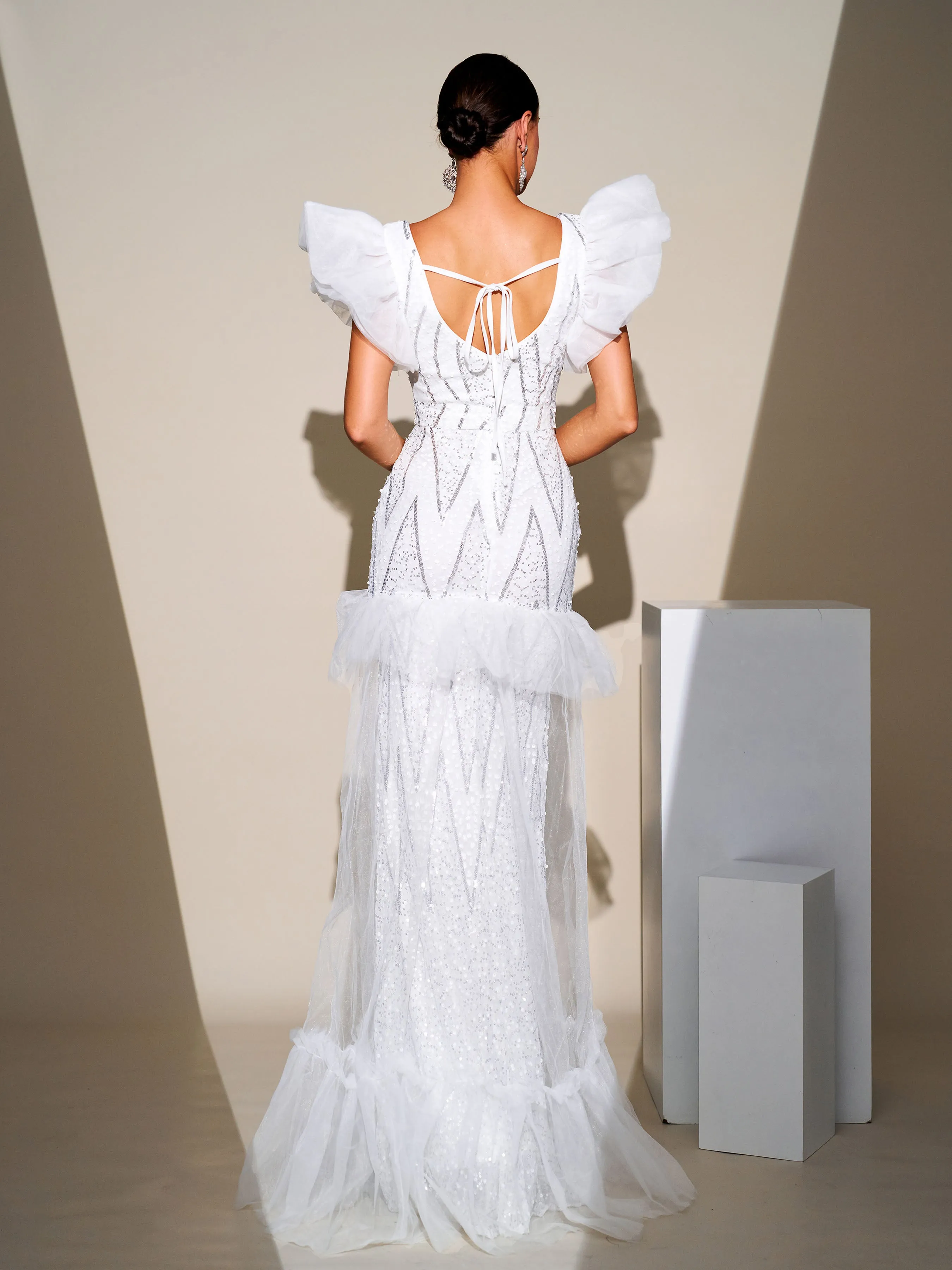 Fly Sleeve Ruffled Split Sequin Dress JMH3092
