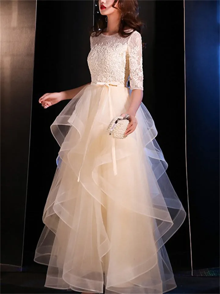 French Style Lace Half Sleeve Gorgeous Evening Dresses for Lady