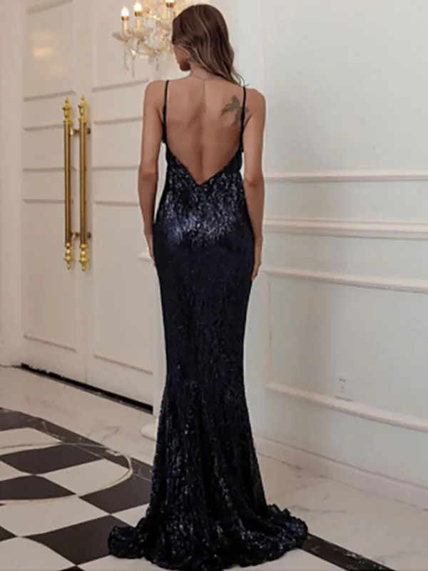 Glamorous Black Sweep Sleeveless Sequins Sweetheart Neck Evening Dresses
