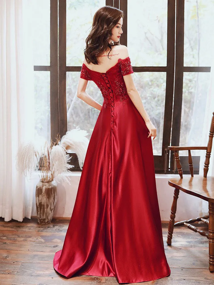 Glamorous Evening Dress A-Line Bateau Neck Floor-Length Short Sleeves Lace-up Beaded Matte Satin evening dress