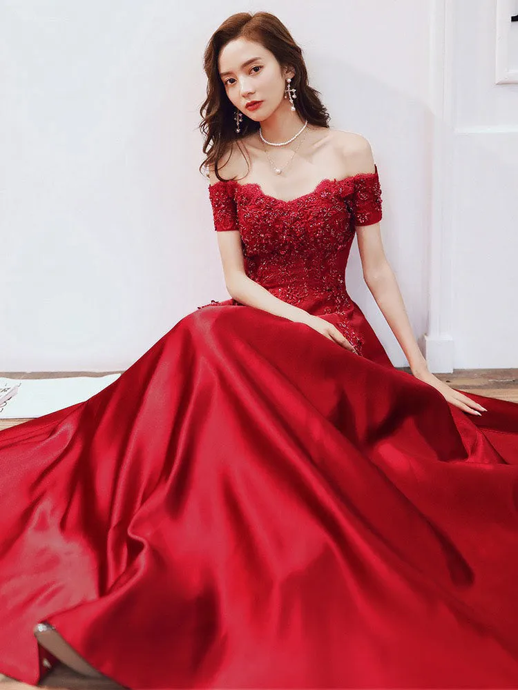 Glamorous Evening Dress A-Line Bateau Neck Floor-Length Short Sleeves Lace-up Beaded Matte Satin evening dress