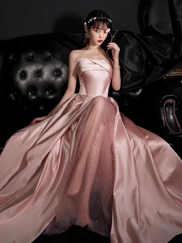 Glamorous Evening Dress A-Line Strapless Floor-Length Sleeveless Lace-up Party Dresses Bean Paste Pink Pageant Dress