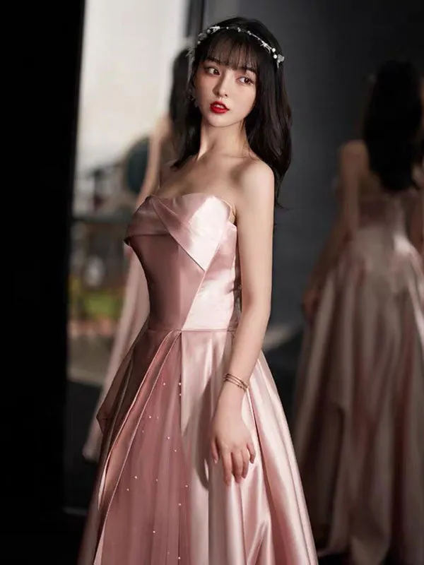 Glamorous Evening Dress A-Line Strapless Floor-Length Sleeveless Lace-up Party Dresses Bean Paste Pink Pageant Dress