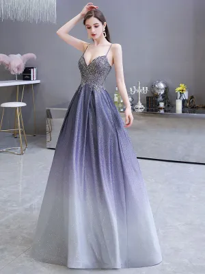 Glamorous evening dress A Line Sweetheart Neck Straps Sleeveless Metallic Gradient Color Floor Length Formal Party Dresses