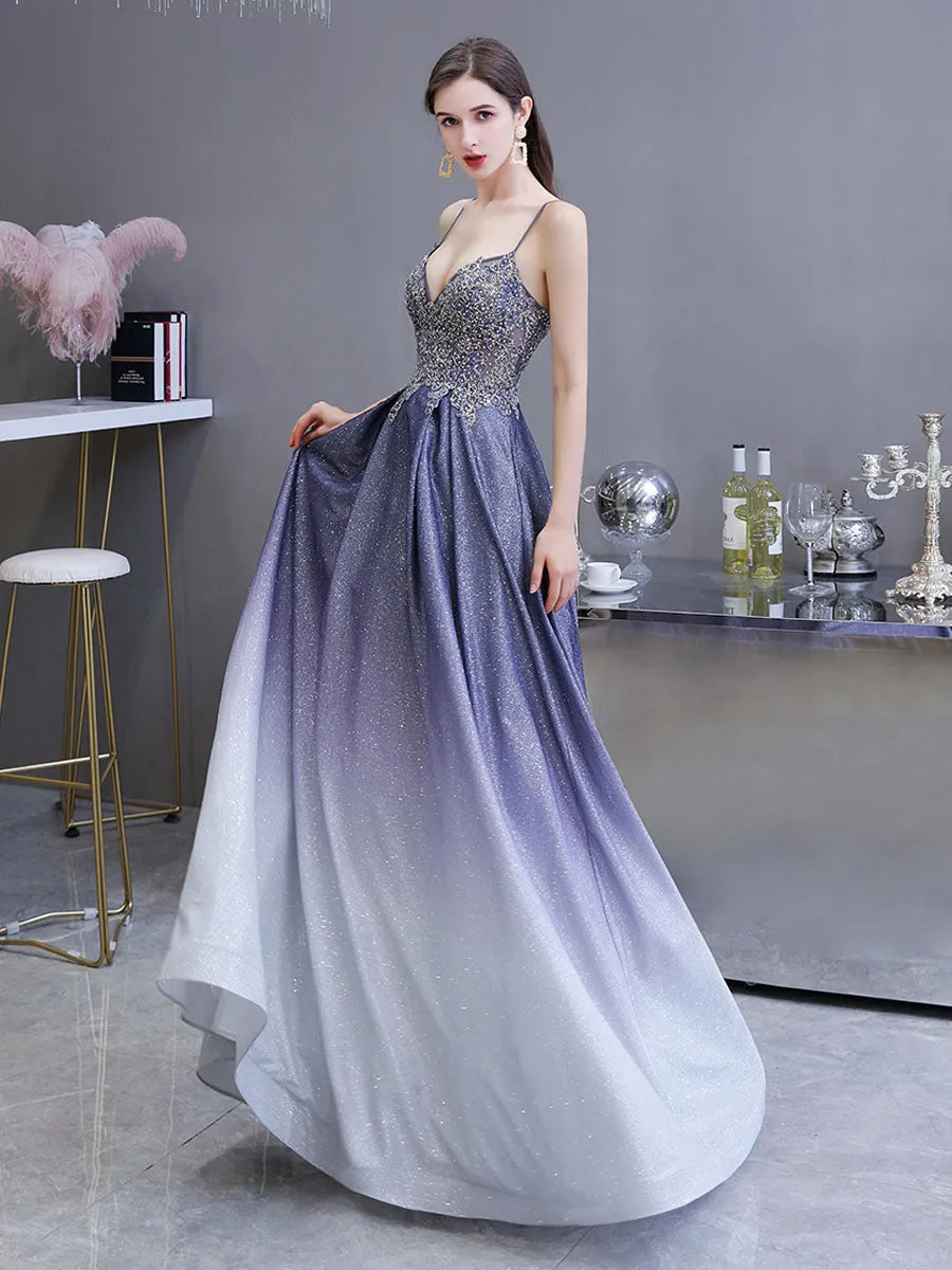 Glamorous evening dress A Line Sweetheart Neck Straps Sleeveless Metallic Gradient Color Floor Length Formal Party Dresses