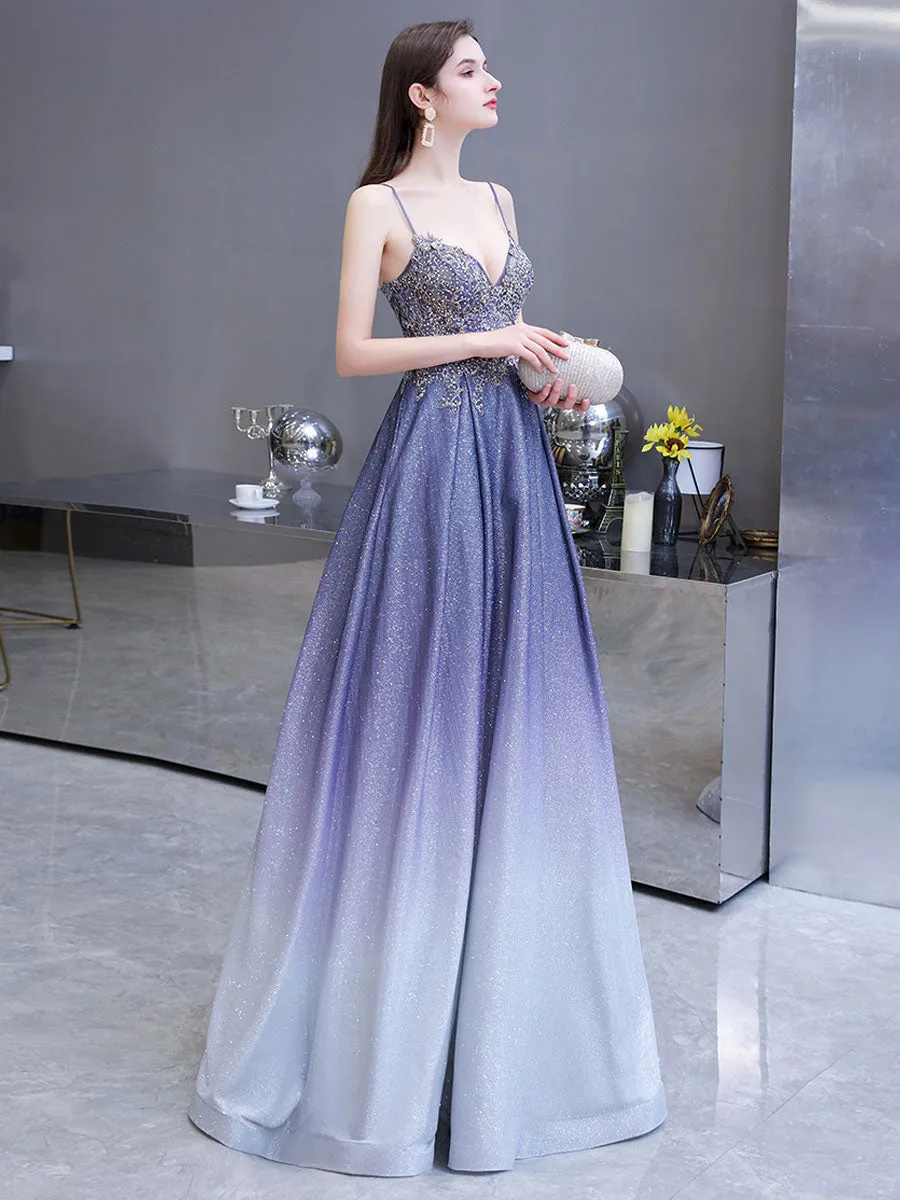 Glamorous evening dress A Line Sweetheart Neck Straps Sleeveless Metallic Gradient Color Floor Length Formal Party Dresses