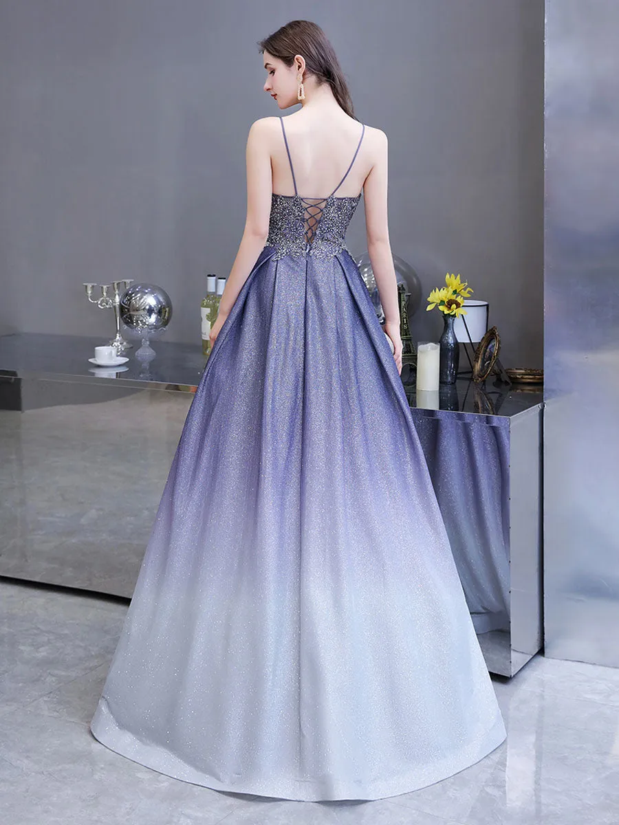 Glamorous evening dress A Line Sweetheart Neck Straps Sleeveless Metallic Gradient Color Floor Length Formal Party Dresses