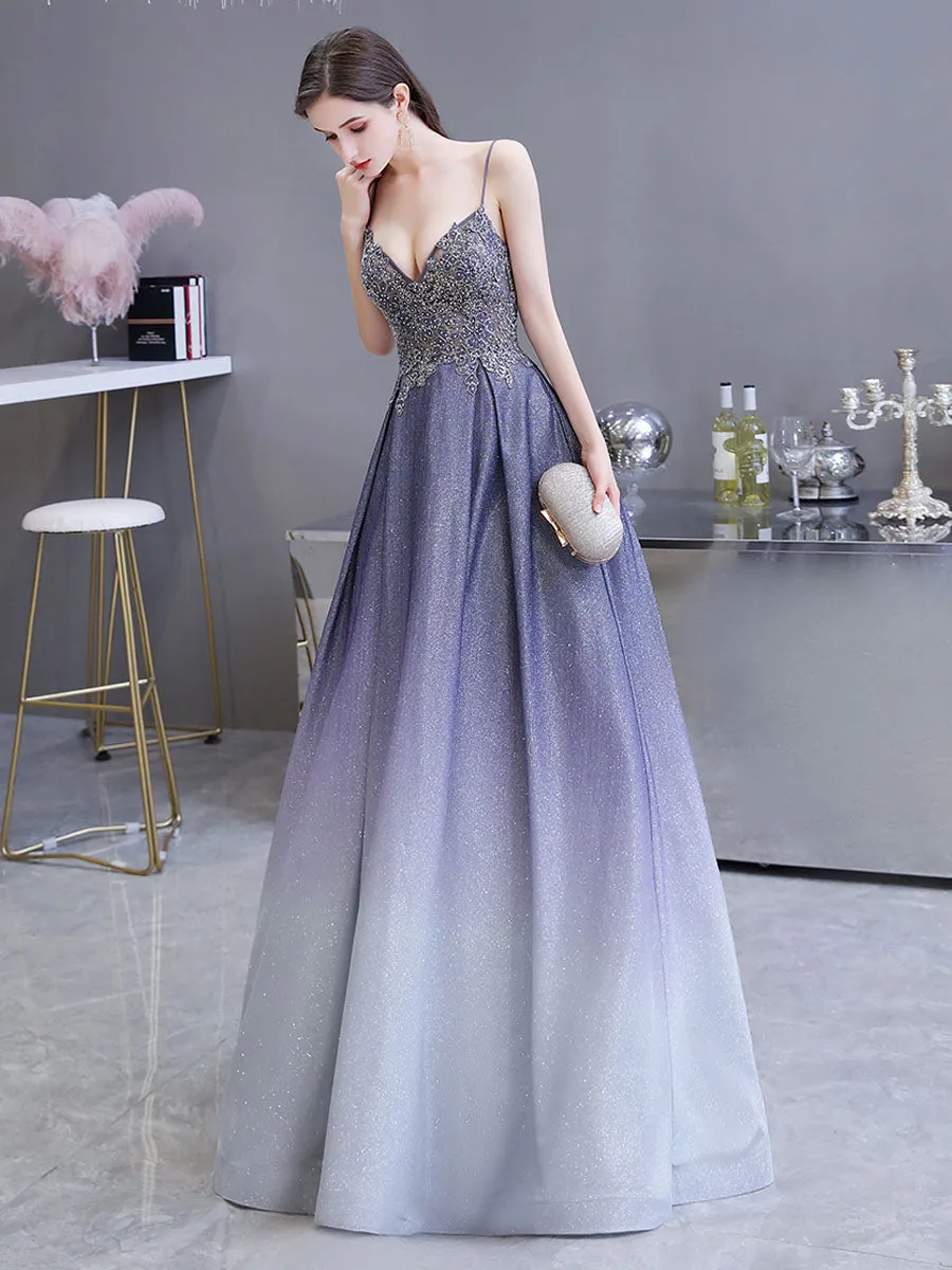 Glamorous evening dress A Line Sweetheart Neck Straps Sleeveless Metallic Gradient Color Floor Length Formal Party Dresses