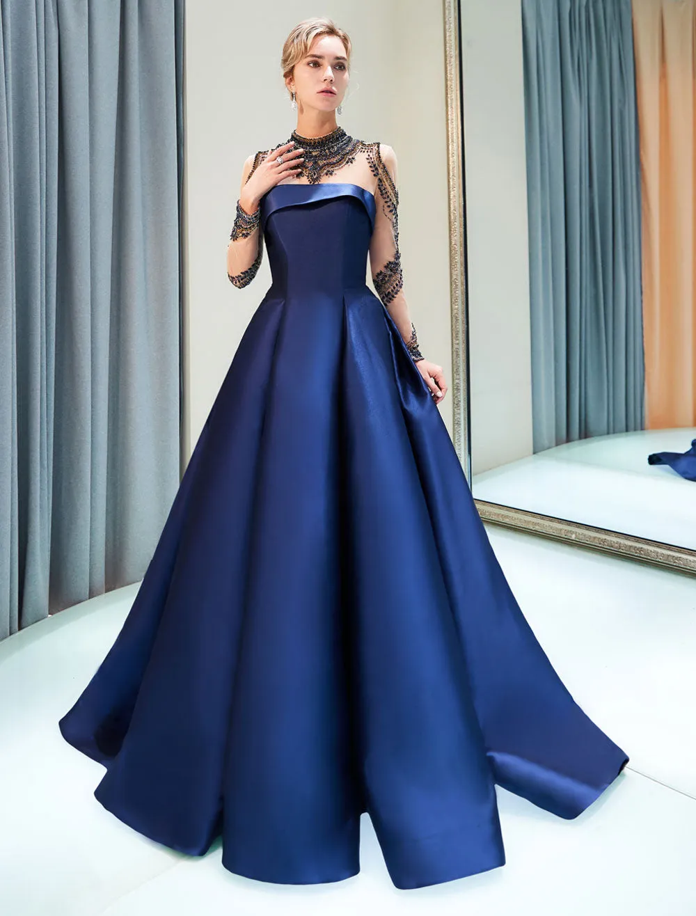 Glamorous Evening Dresses Luxury Dark Navy Satin A Line Long Sleeve Lace Illusion High Collar Quinceanera Dress