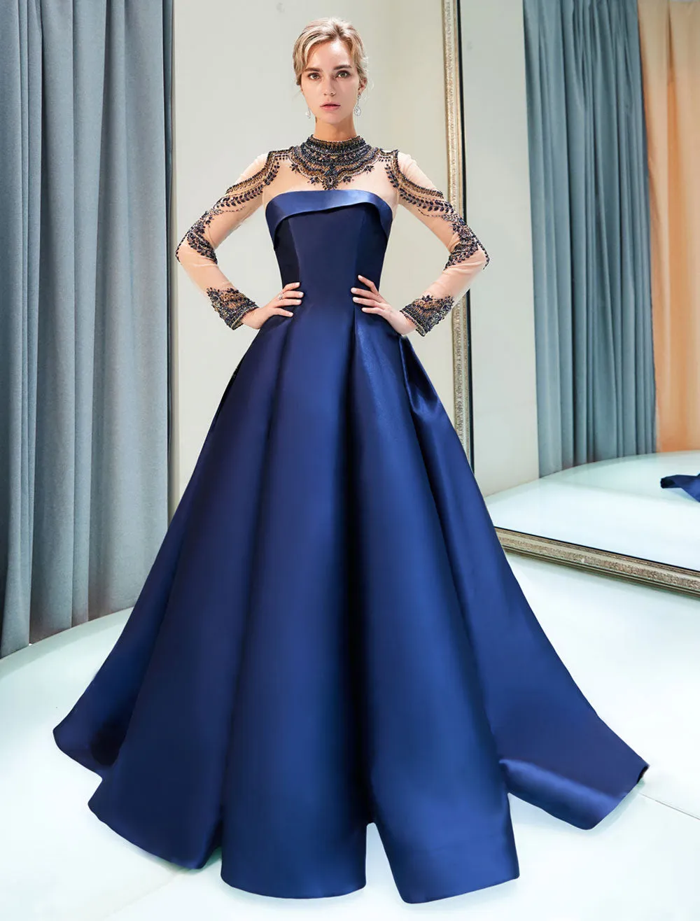Glamorous Evening Dresses Luxury Dark Navy Satin A Line Long Sleeve Lace Illusion High Collar Quinceanera Dress