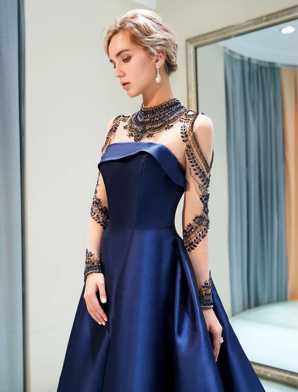 Glamorous Evening Dresses Luxury Dark Navy Satin A Line Long Sleeve Lace Illusion High Collar Quinceanera Dress
