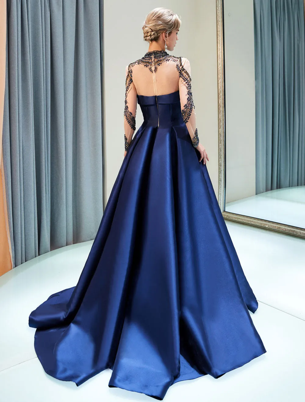 Glamorous Evening Dresses Luxury Dark Navy Satin A Line Long Sleeve Lace Illusion High Collar Quinceanera Dress