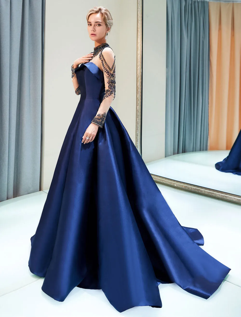 Glamorous Evening Dresses Luxury Dark Navy Satin A Line Long Sleeve Lace Illusion High Collar Quinceanera Dress