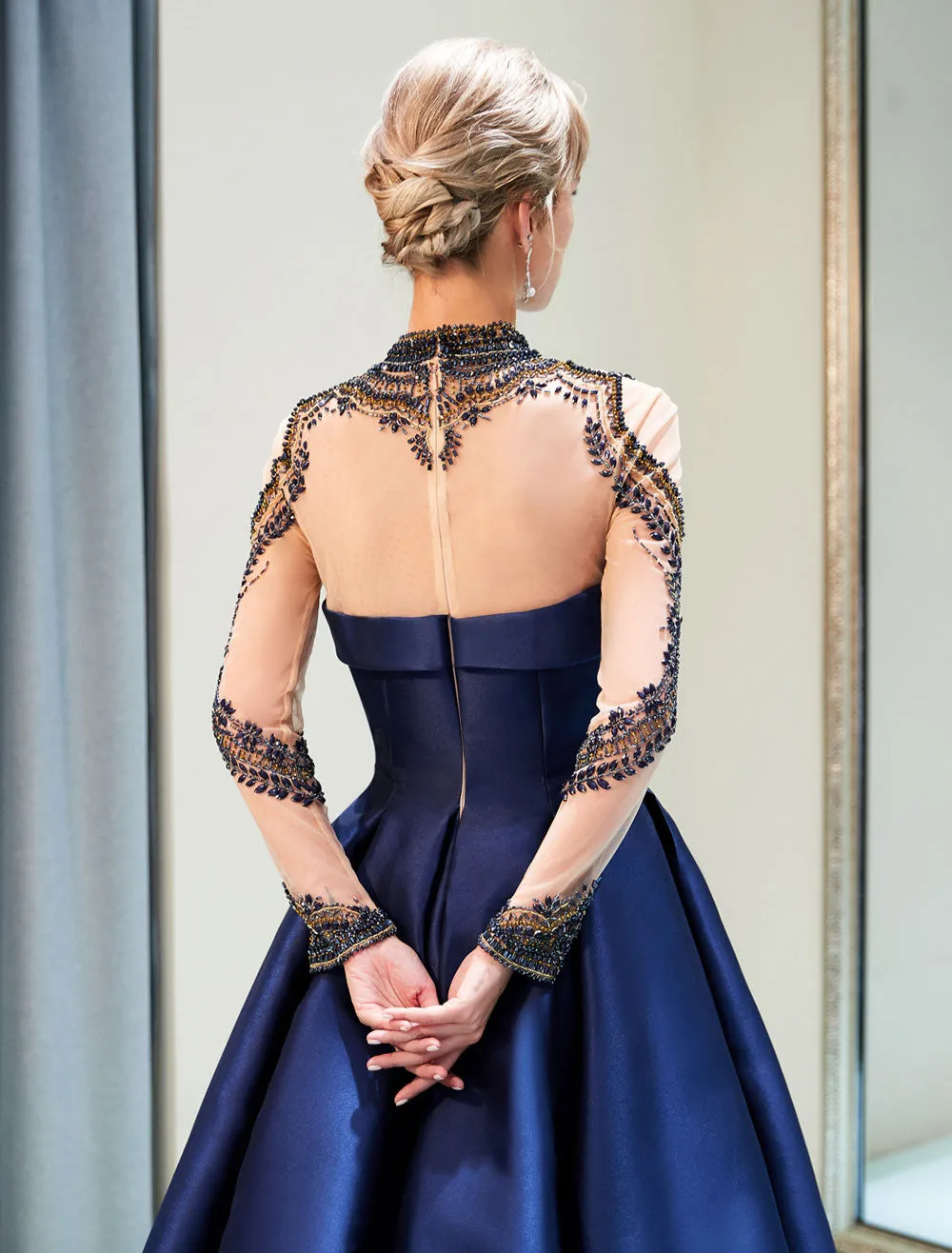Glamorous Evening Dresses Luxury Dark Navy Satin A Line Long Sleeve Lace Illusion High Collar Quinceanera Dress