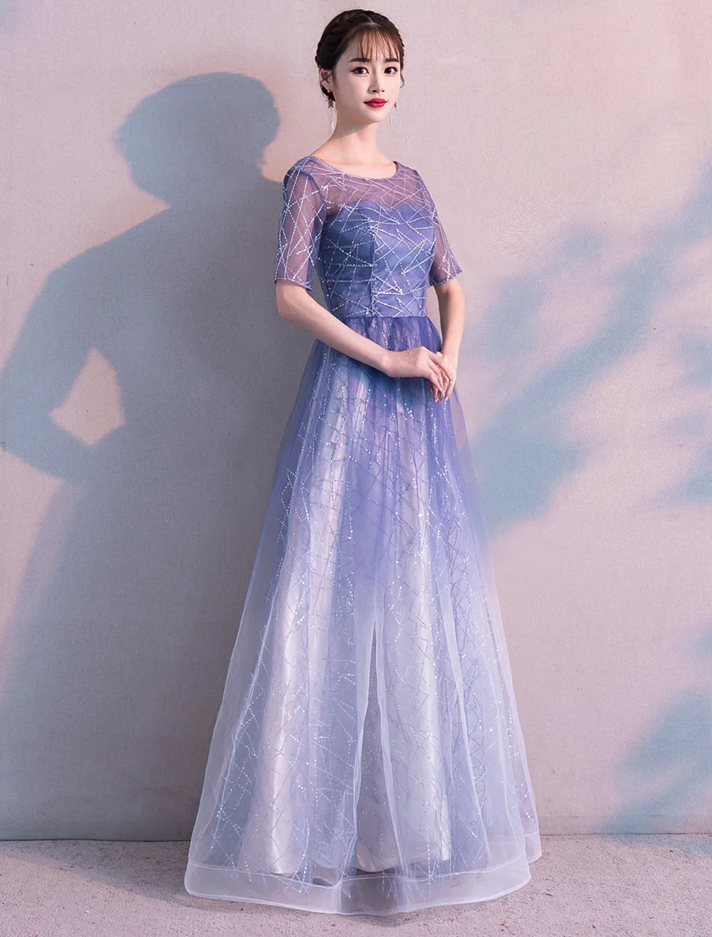 Glamorous Long Evening Dresses Ombre Tulle Sequin Half Sleeve Formal Evening Dress