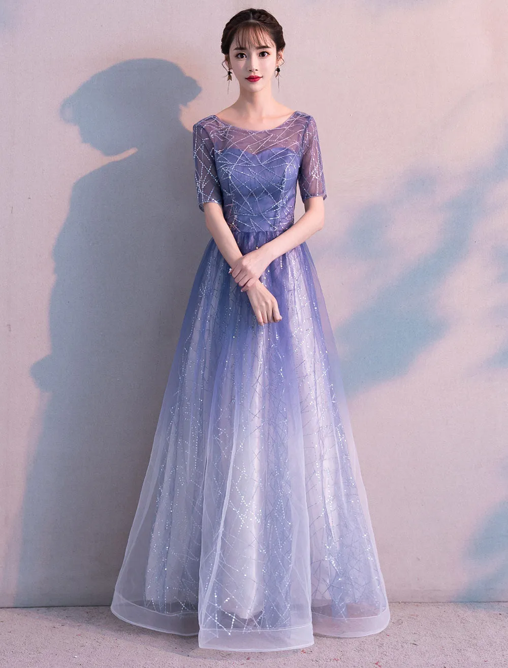 Glamorous Long Evening Dresses Ombre Tulle Sequin Half Sleeve Formal Evening Dress