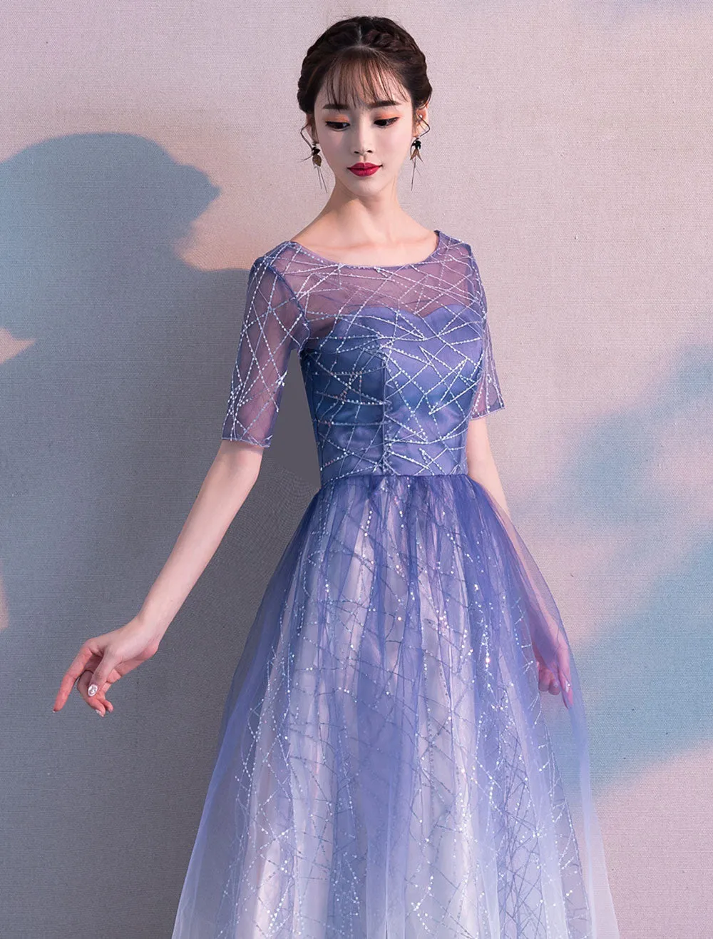 Glamorous Long Evening Dresses Ombre Tulle Sequin Half Sleeve Formal Evening Dress