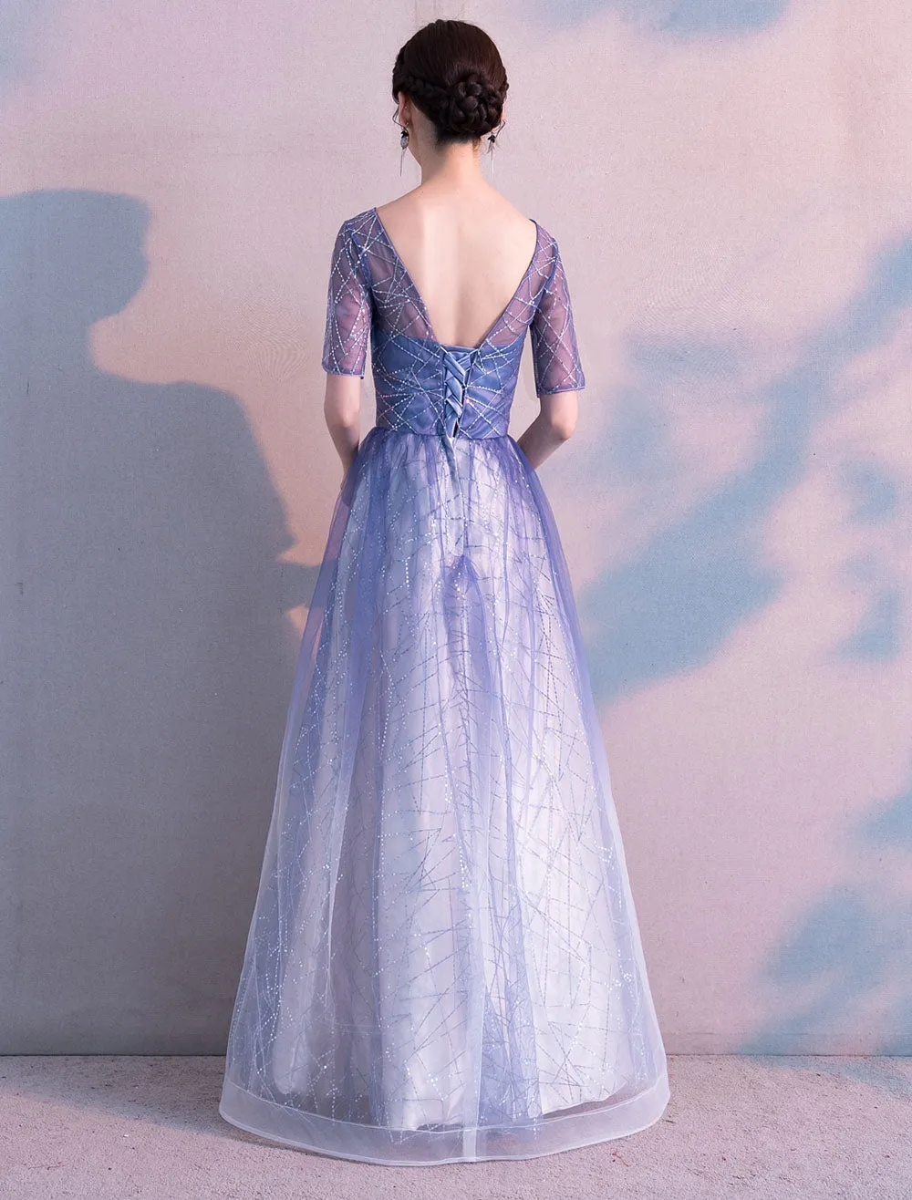 Glamorous Long Evening Dresses Ombre Tulle Sequin Half Sleeve Formal Evening Dress