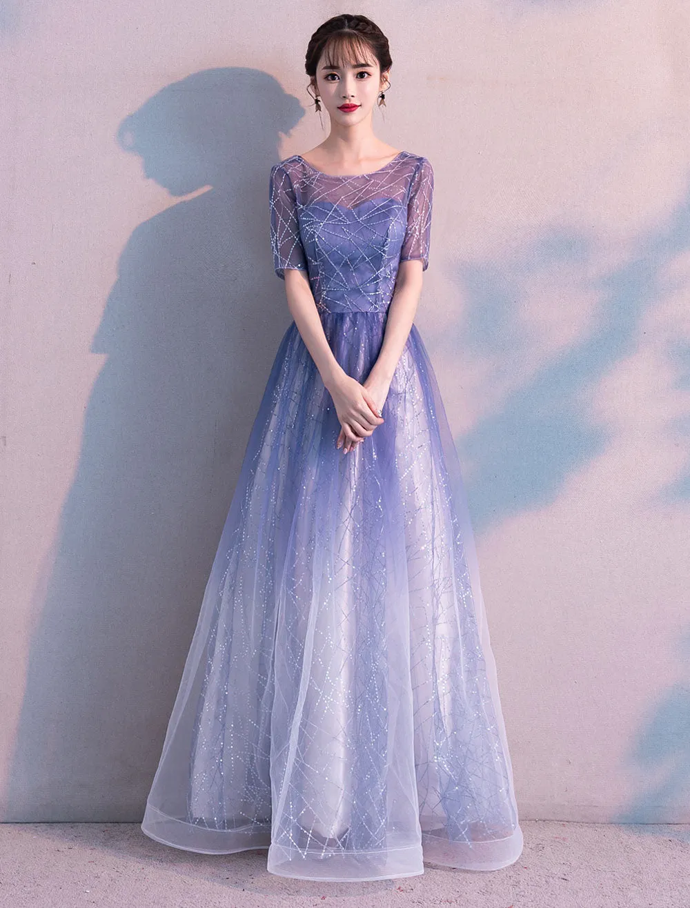 Glamorous Long Evening Dresses Ombre Tulle Sequin Half Sleeve Formal Evening Dress
