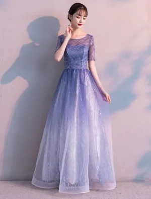 Glamorous Long Evening Dresses Ombre Tulle Sequin Half Sleeve Formal Evening Dress