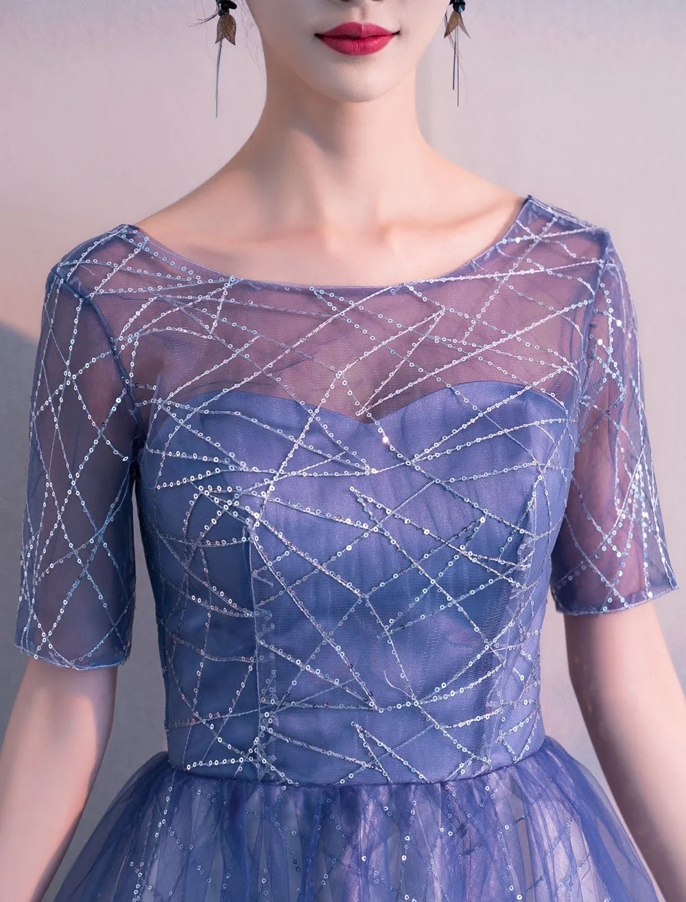 Glamorous Long Evening Dresses Ombre Tulle Sequin Half Sleeve Formal Evening Dress