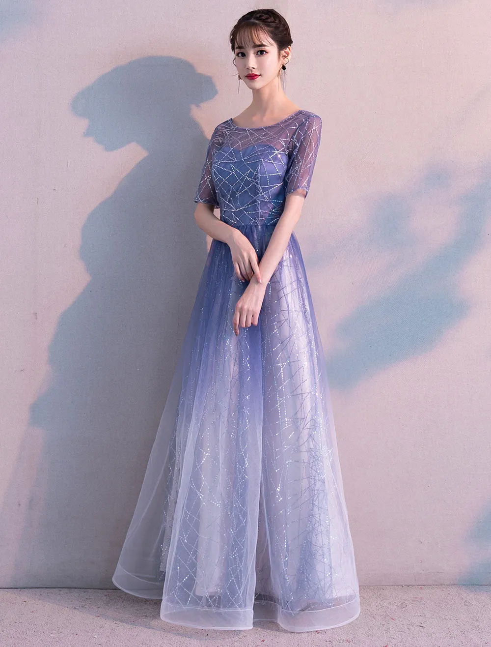 Glamorous Long Evening Dresses Ombre Tulle Sequin Half Sleeve Formal Evening Dress