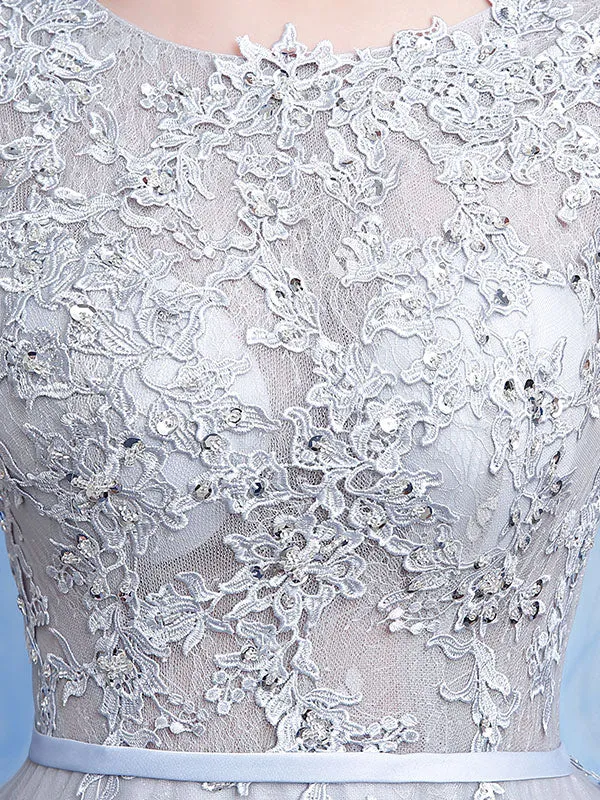 Glamorous Silver evening dress Tulle Backless Party Dress Lace Applique A Line Occasion Dress With Train