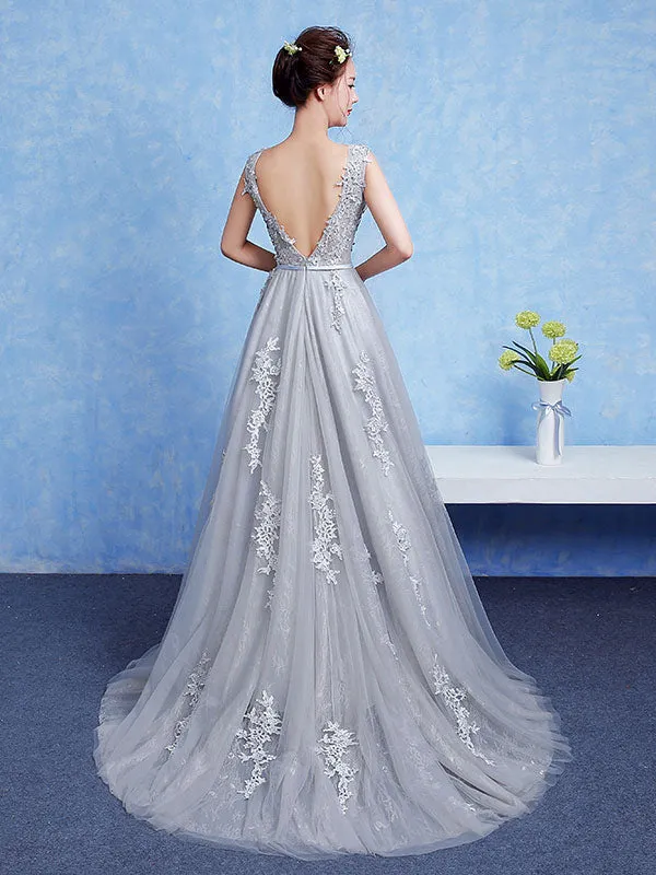 Glamorous Silver evening dress Tulle Backless Party Dress Lace Applique A Line Occasion Dress With Train
