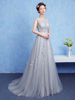 Glamorous Silver evening dress Tulle Backless Party Dress Lace Applique A Line Occasion Dress With Train