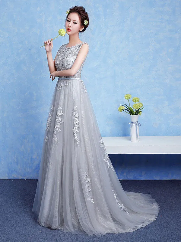 Glamorous Silver evening dress Tulle Backless Party Dress Lace Applique A Line Occasion Dress With Train