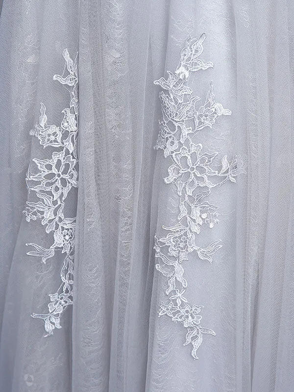 Glamorous Silver evening dress Tulle Backless Party Dress Lace Applique A Line Occasion Dress With Train