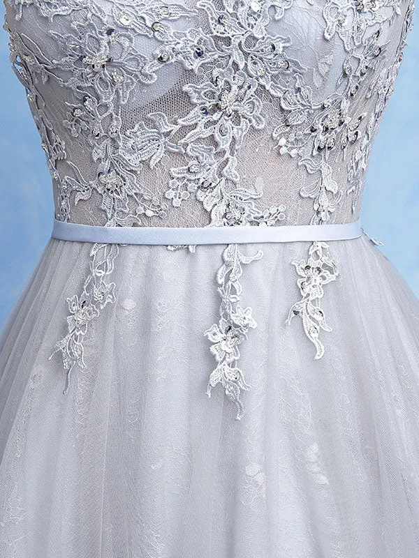 Glamorous Silver evening dress Tulle Backless Party Dress Lace Applique A Line Occasion Dress With Train