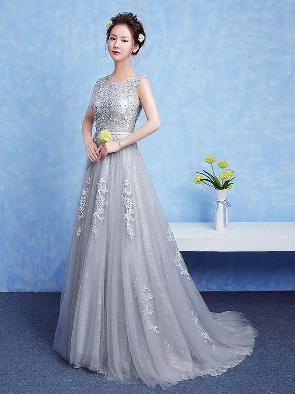 Glamorous Silver evening dress Tulle Backless Party Dress Lace Applique A Line Occasion Dress With Train