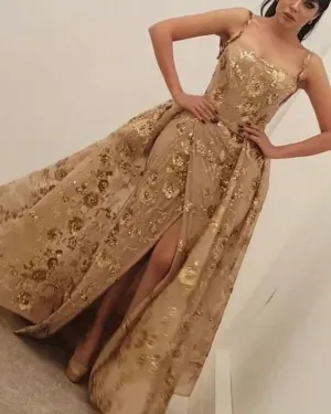 gold sequin appliqué evening dresses muslim arabic sparkly detachable train evening gown robe de soiree