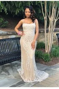 Gorgeous Beading Appliques Spaghetti Lace-up Long Mermaid Evening Dresses