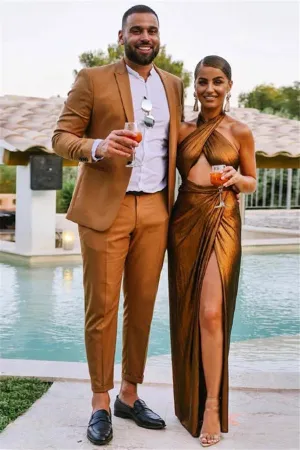 Gorgeous Burnt Orange Halter Evening Dress Mermaid Long Split