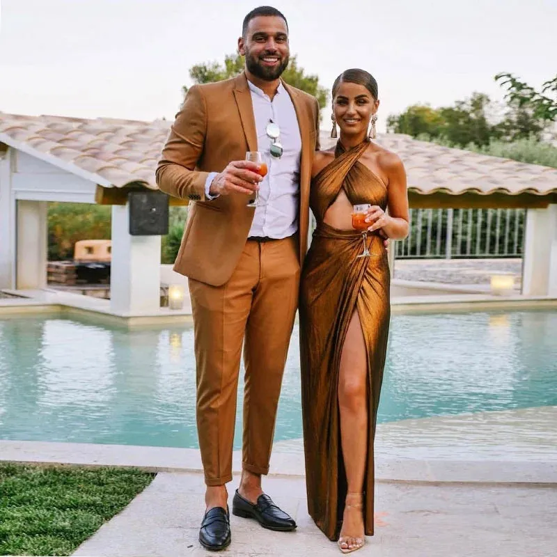 Gorgeous Burnt Orange Halter Evening Dress Mermaid Long Split
