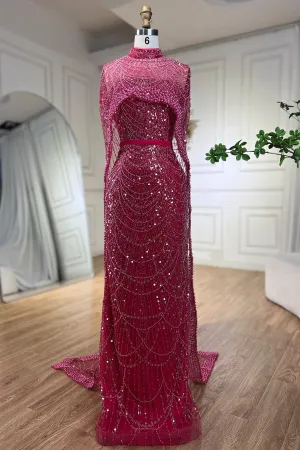 Gorgeous Fuchsia Mermaid Prom Dress Beadings Pearls With Cape