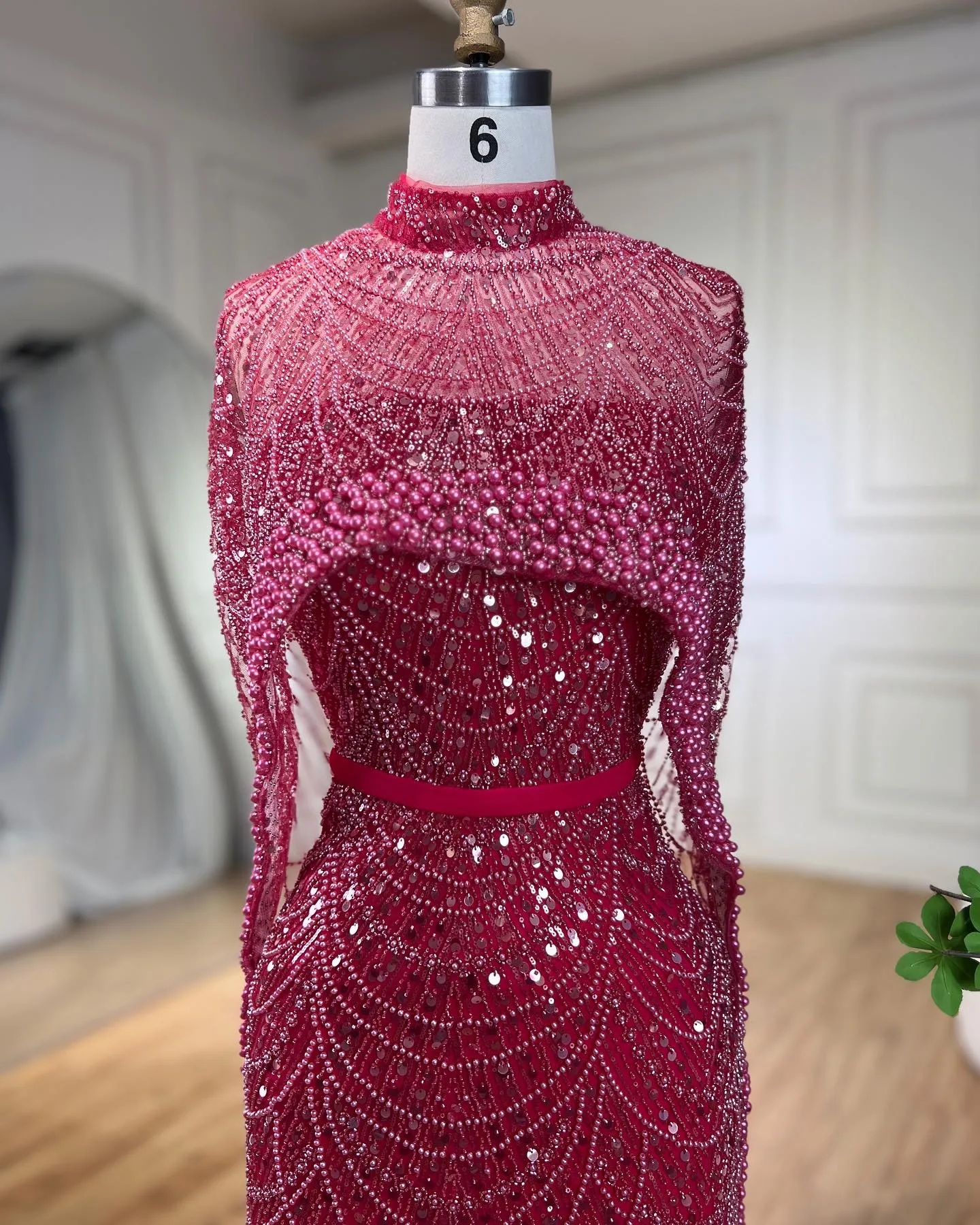Gorgeous Fuchsia Mermaid Prom Dress Beadings Pearls With Cape