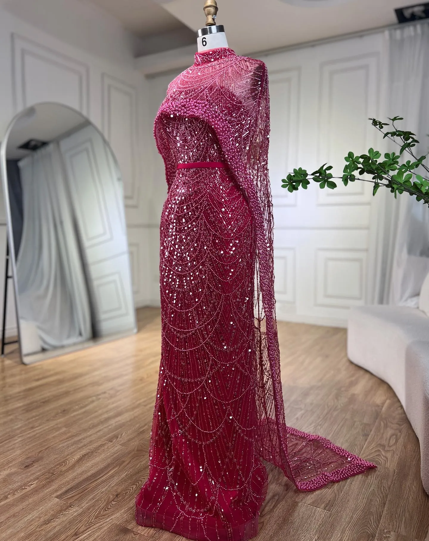 Gorgeous Fuchsia Mermaid Prom Dress Beadings Pearls With Cape