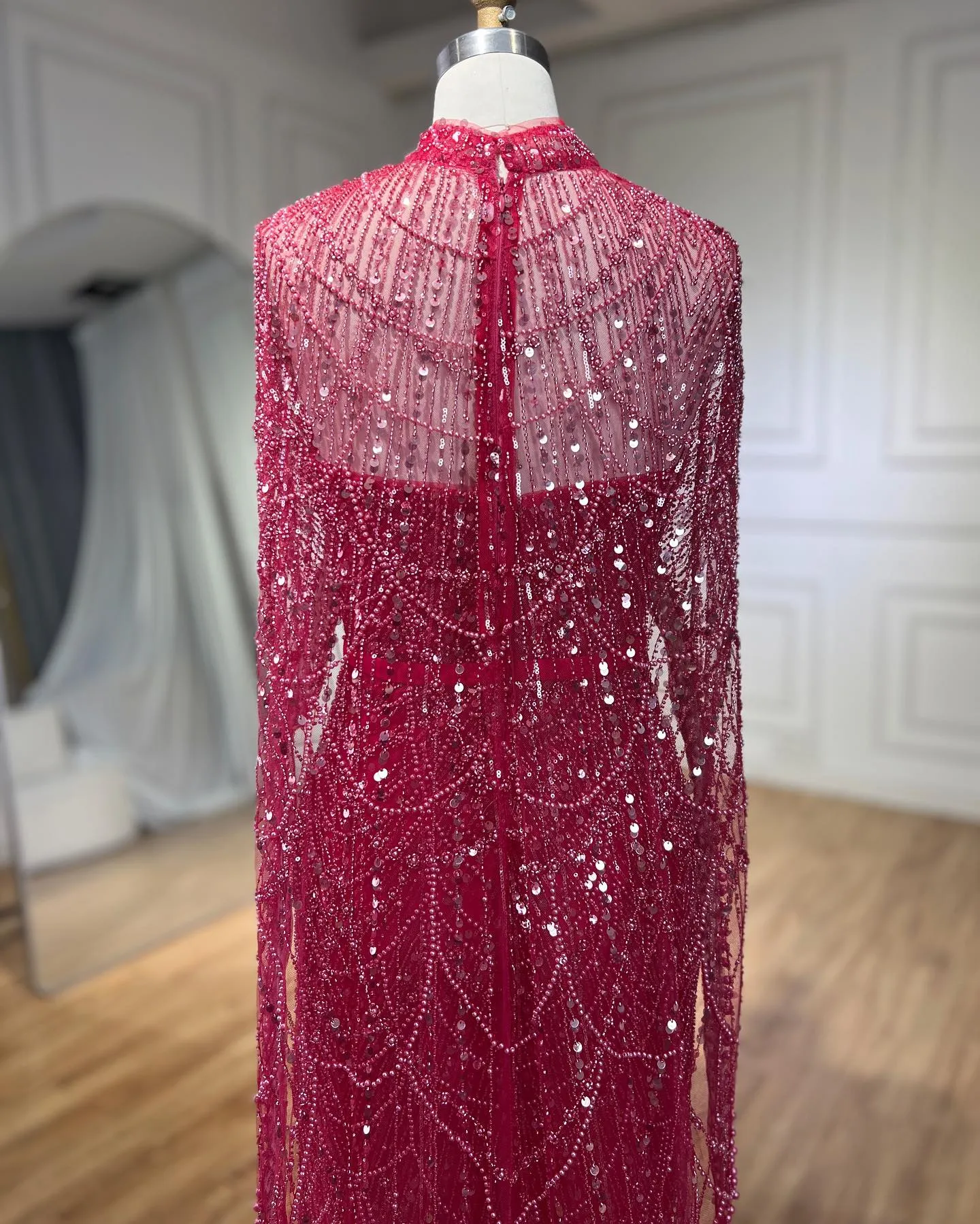 Gorgeous Fuchsia Mermaid Prom Dress Beadings Pearls With Cape