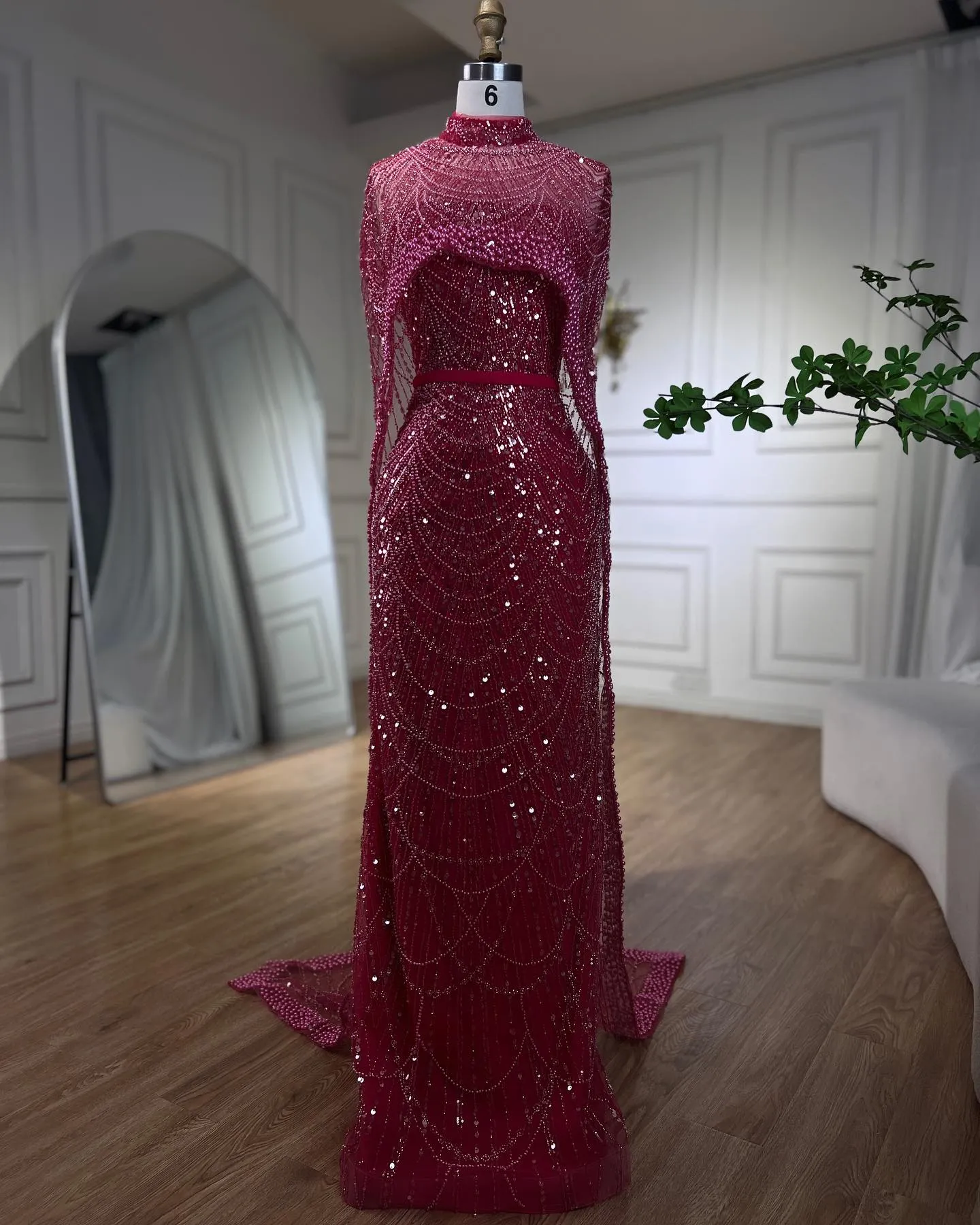 Gorgeous Fuchsia Mermaid Prom Dress Beadings Pearls With Cape