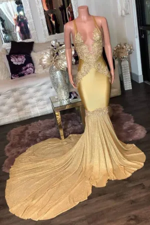 Gorgeous Golden Appliques Spaghetti Long Mermaid Evening Dresses