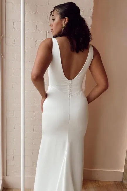 Gorgeous Long White Mermaid Satin Sleeveless Wedding Dresses with Slit