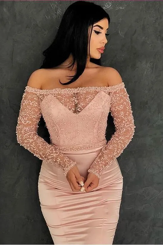 Gorgeous Mermaid Off-the-Shoulder Prom Gowns Long Sleeves Lace Evening Dresses