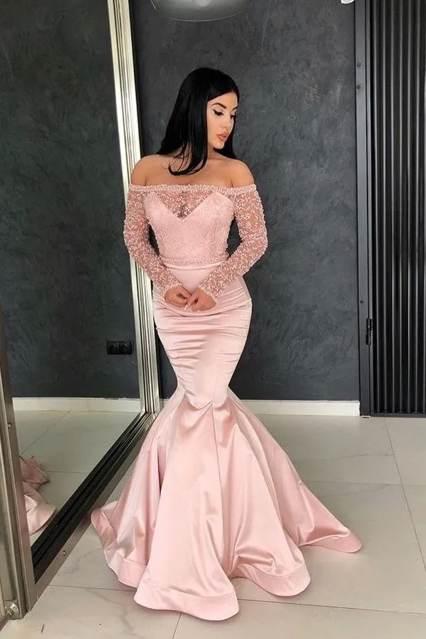 Gorgeous Mermaid Off-the-Shoulder Prom Gowns Long Sleeves Lace Evening Dresses
