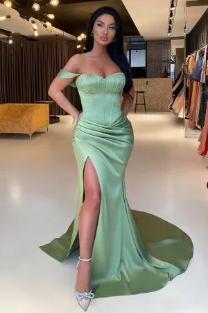 Gorgeous Sage Green Off-the-Shoulder Prom Dress Mermaid Slit