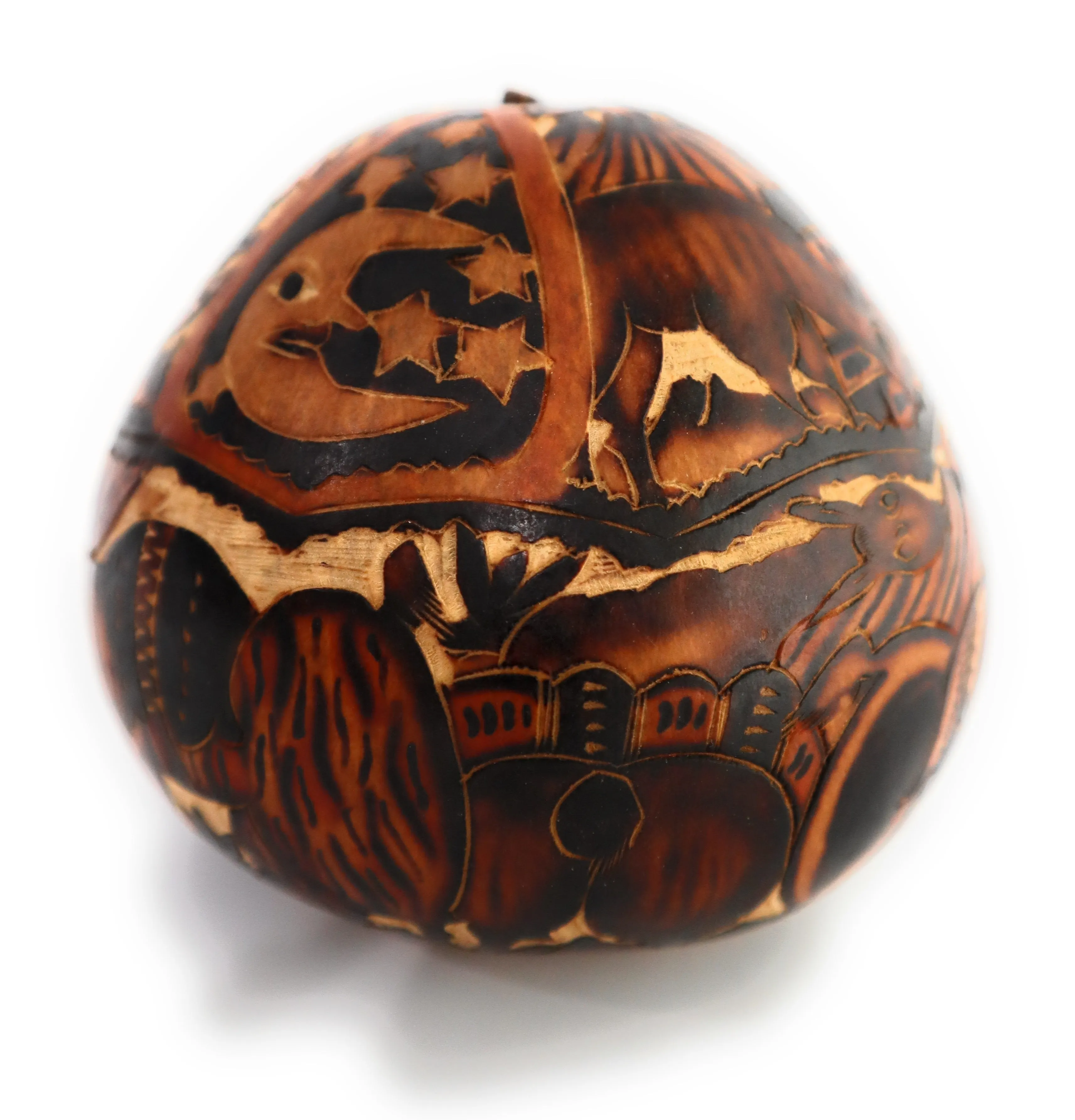 Gourd Art. Hand Carved Gourd. Complex Decorated Gourd Country Life Style & Inca Trilogy.  Diameter: 4 Inch.