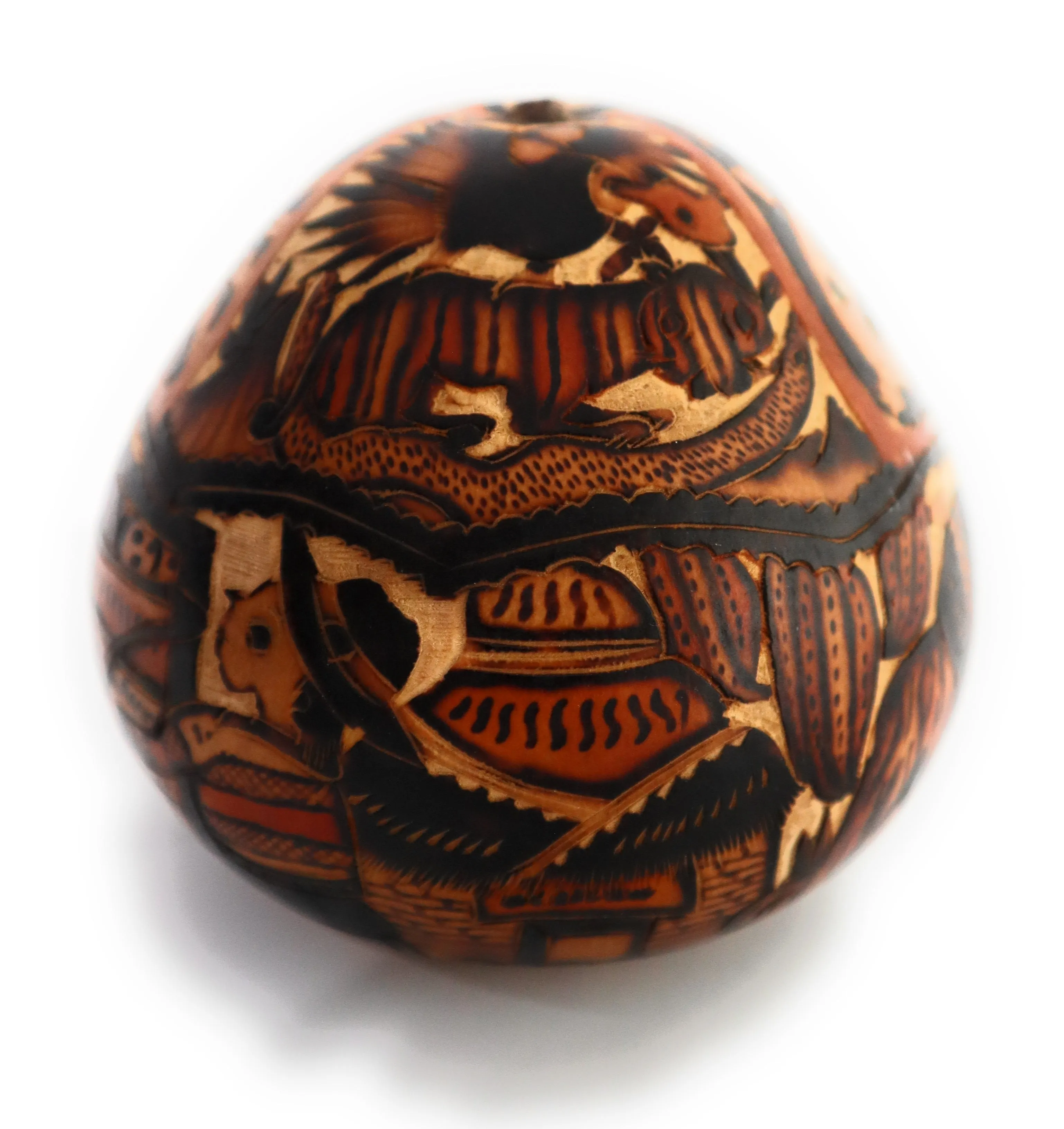 Gourd Art. Hand Carved Gourd. Complex Decorated Gourd Country Life Style & Inca Trilogy.  Diameter: 4 Inch.