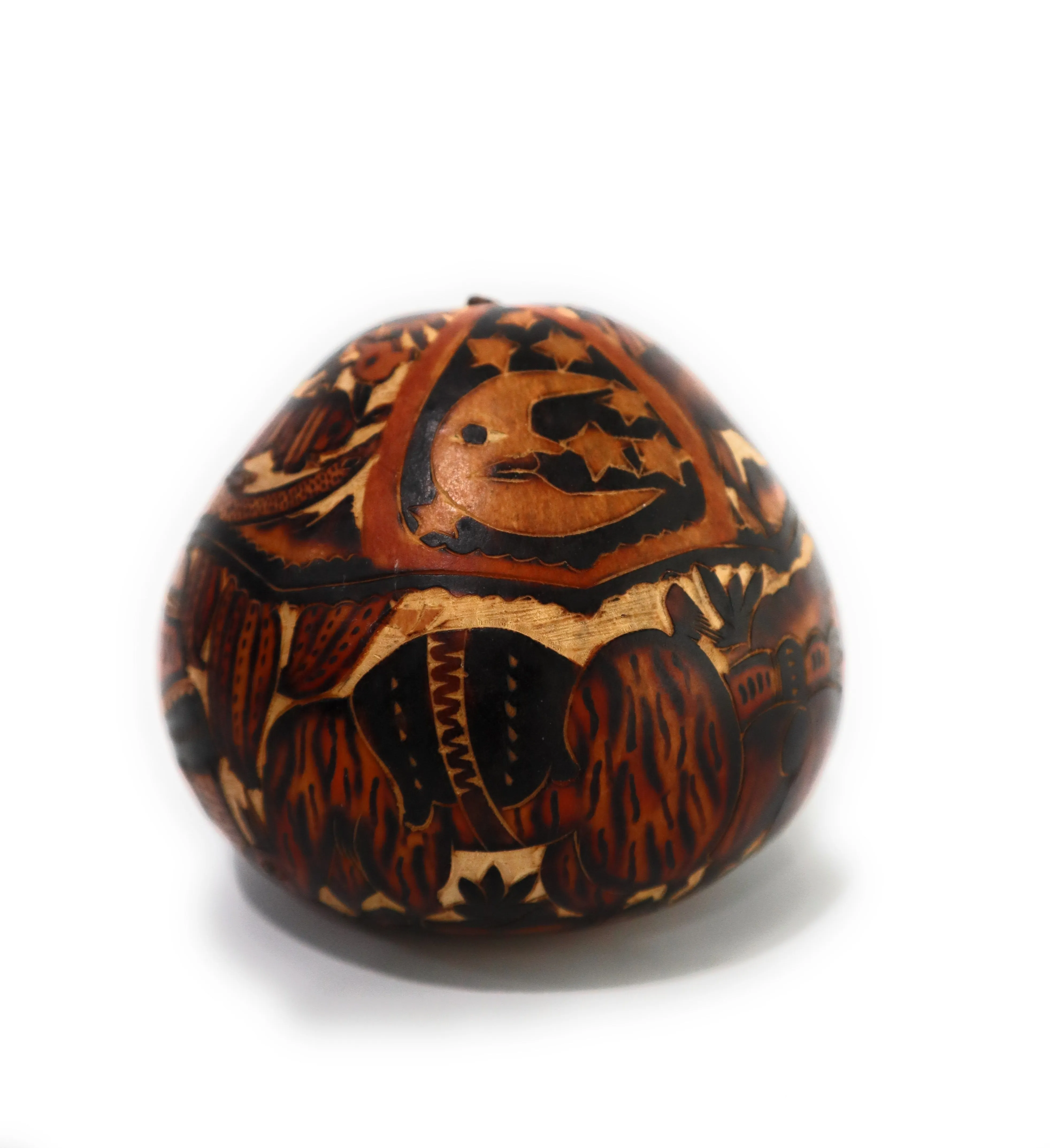 Gourd Art. Hand Carved Gourd. Complex Decorated Gourd Country Life Style & Inca Trilogy.  Diameter: 4 Inch.